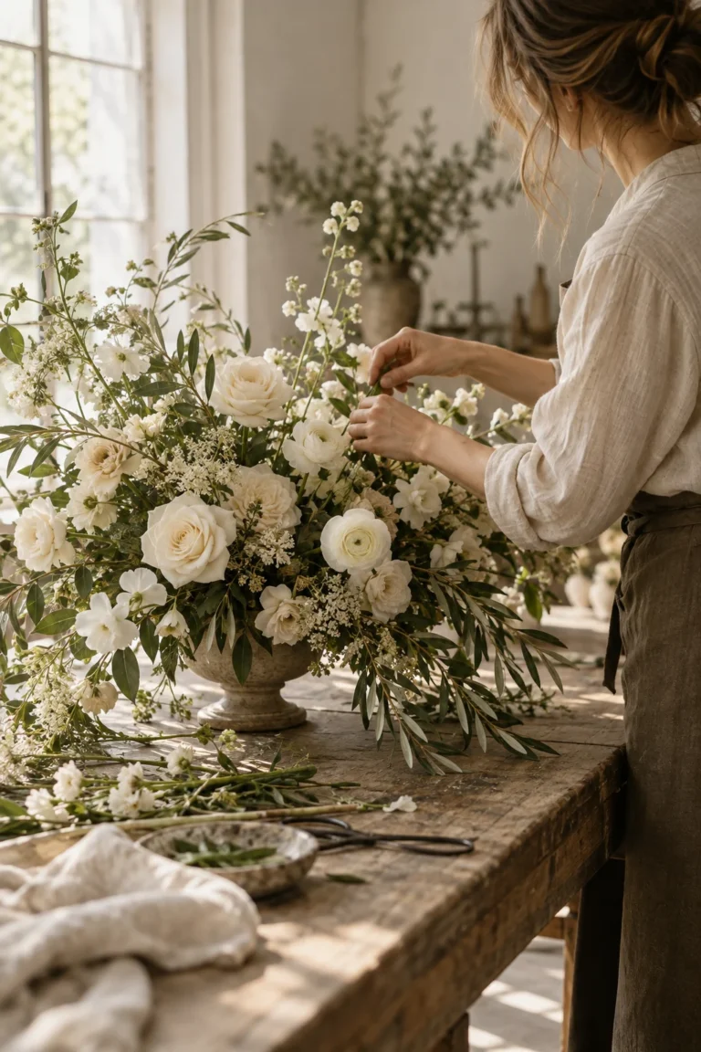 Floristin arrangiert einen Hochzeitsstrauß aus weißen Rosen und Olivenzweigen