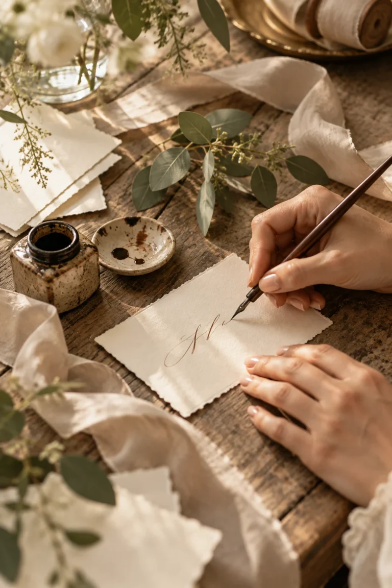 Kalligrafin beschriftet eine Hochzeitspapeterie von Hand