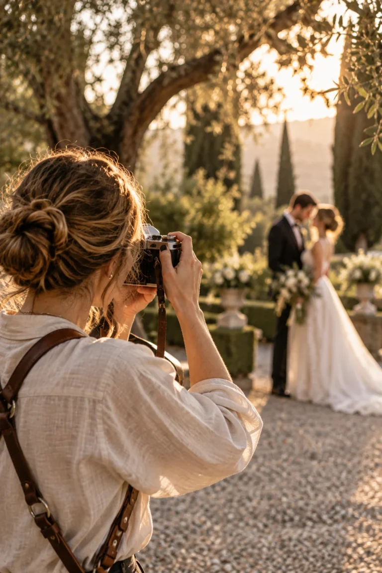 Hochzeitsfotografin fotografiert ein Brautpaar im Garten