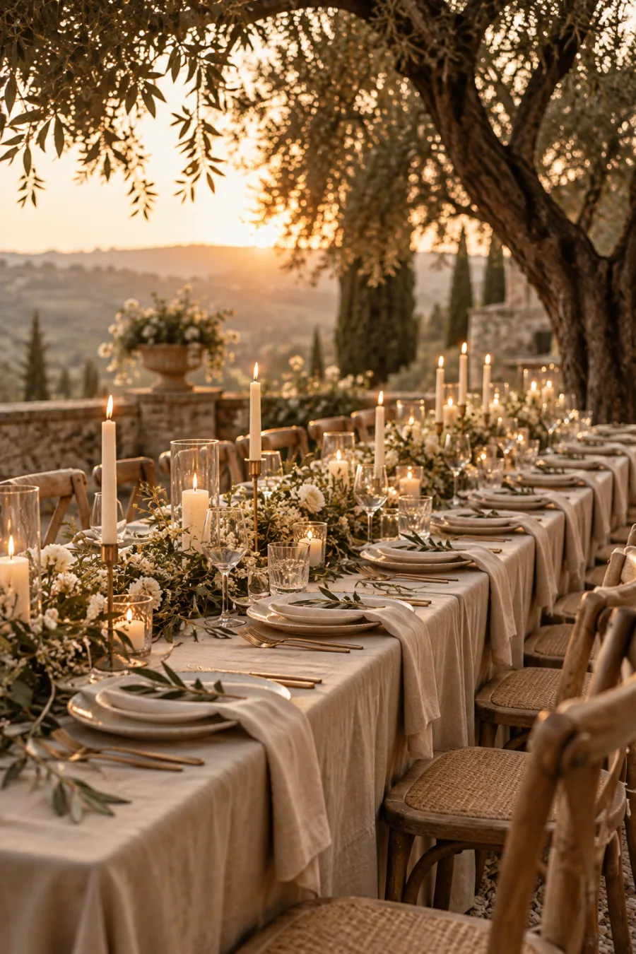 Festlich gedeckte Hochzeitstafel im Freien